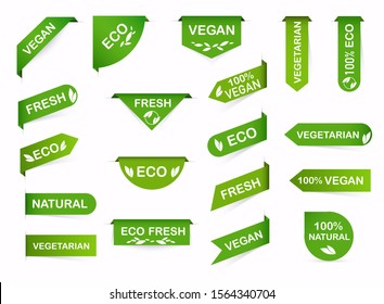 Vegan mark labels. Organic food labels. Fresh eco vegetarian products, vegan label and healthy foods badges. 