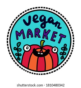 Vegan market hand drawn vector illustration in cartoon doodle stye smiling expressive pepper logotype