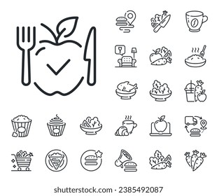 Signo de comida vegana. Iconos de crepe, palomitas dulces y contorno de ensalada. Icono de línea vegetariana de comida. Símbolo de fruta de manzana. Señal de la línea vegetariana de comida. Espaghetti de pasta, icono del jugo fresco. Cadena de suministro. Vector