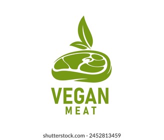 Vegan meat icon, vegetable beef steak. Isolated vector emblem with green leaf or sprout growing from the meatless, plant beef slice. Organic, ecological, plant-based cuisine, healthy vegetarian food