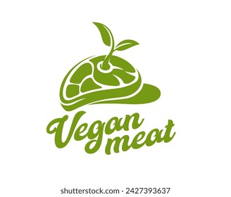 Vegan meat icon, vegetable plant steak. Isolated vector stylized silhouetted emblem with green leaf or sprout growing from of meatless beef cut. Organic plant-based cuisine, healthy vegetarian food