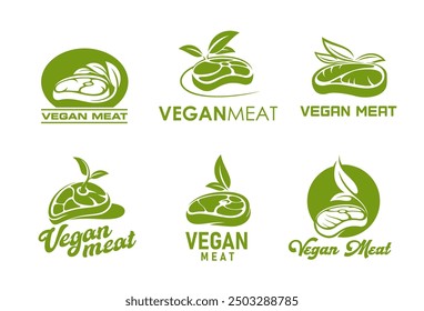 Vegan meat steak icons, vegetable plant protein beef with fresh green leaf vector symbols. Vegetarian food, organic veggie meal, diet nutrition product, vegan restaurant badges with meatless dish