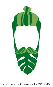 Vegan men beard products vector illustration. Organic beard balm logo. Male head silhouette with monstera