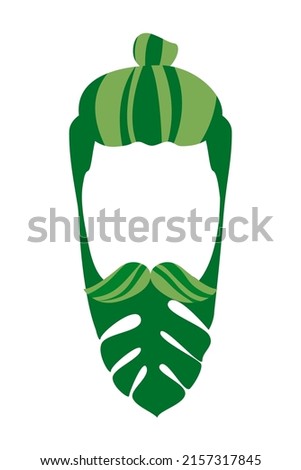 Vegan men beard products vector illustration. Organic beard balm logo. Male head silhouette with monstera