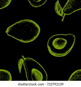 Vegan Menu - Avocado - green seamless pattern on the black background