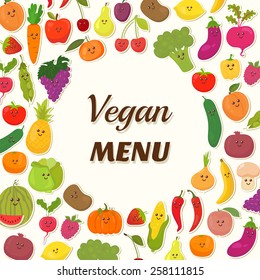 Vegan menu background. Vegetarian Card Design. Cute fruits and vegetables. Vector illustration
