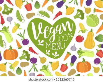 Vegan Menu Banner Template With Fresh Organic Vegetables Seamless Pattern, Helthy Vegetarian Food Vector Illustration