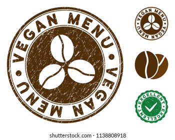 Vegan Menu brown stamp. Vector seal watermark imitation with grunge effect and coffee color. Round vector rubber seal stamp with grunge design of Vegan Menu caption. Bonus excellent mark.