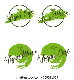 Vegan menu Vegan cafe Vector logos or signs. Vegan, healthy food illustrations set for cafe, restaurant badges, tags, packaging etc.
