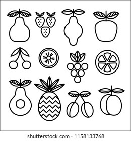 Vegan menu. Collection of linear icons of fruits and berries. Pear, strawberry, lemon, apple, cherry, kiwi, grape, orange, avocado, pineapple, plum, apricot. Vector illustration.