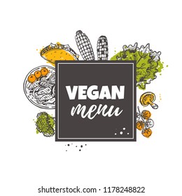 Vegan menu concept design. Grill. Organic food. Hand drawn vector illustration. Can be used for farmers market, shop, bbq, truck, restaurant, cafe, bar, poster, label, sticker, logo.