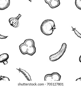 Vegan Menu - Cucumber Tomato Peas Mushroom Garlic - graphic seamless pattern
