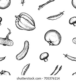 Vegan Menu - Cucumber Tomato Peas Mushroom Pepper Asparagus - graphic seamless pattern