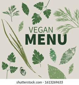 vegan menu decorated with leaves, herbs, dill, parsley, green onions, bay leaves