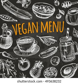 Vegan menu design card. Hand drawn vector illustration. Can be used for menu organic cafe, restaurant, bar, poster, banner, sticker, placard, symbol and other design.