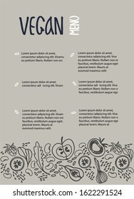 Vegan Menu design template with place for your text. Hand drawn decoration with fruit, vegetables, beans, greens on warm gray background