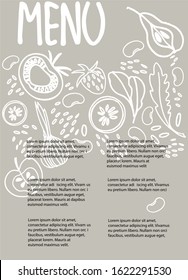 Vegan Menu design template with place for your text. Hand drawn decoration with fruit, vegetables, beans, greens on warm gray background
