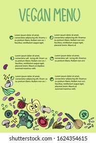 Vegan Menu design template with place for your text. Colorful hand drawn decoration with fruit, vegetables, beans, greens
