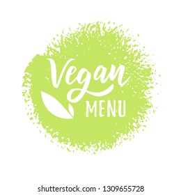 Vegan menu hand lettering text for logo or label. Element for design menu restaurant or café. Typography vector illustration.