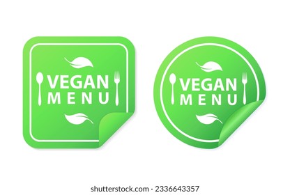 Vegan menu label. Set of two vector stamps. Vegan 100% icons for menu, veggie market, healthy vegetarian food products. Vegan menu sticker. Vector illustration