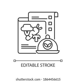 Vegan menu linear icon. Plant-based dishes. Non-meat-eater. Healthy meals. Vegetarian foods. Thin line customizable illustration. Contour symbol. Vector isolated outline drawing. Editable stroke