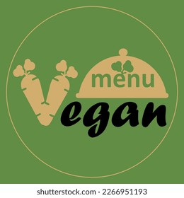 Vegan menu logo. The carrots and the dish are golden, the text is black on a green background. Vector.
