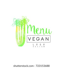 Vegan menu logo design, label for vegetarian restaurant and cafe menu, fruit market, organic products, watercolor vector Illustration