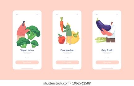 Vegan Menu Mobile App Page Onboard Screen Template. Tiny Characters Visit Salad Bar. People Eat Vegetables in Vegan Buffet. Healthy Food, Veggies Nutrition Concept. Cartoon People Vector Illustration