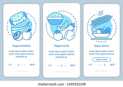 Vegan menu onboarding mobile app page screen vector template. Vegetarian breakfast, lunch and dinner walkthrough website steps with linear illustrations. UX, UI, GUI smartphone interface concept