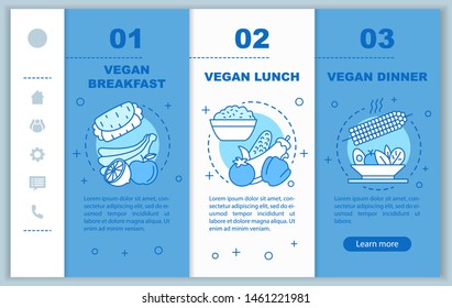 Vegan menu onboarding mobile web pages vector template. Responsive smartphone website interface idea with linear illustrations. Webpage walkthrough step screens. Vegetarian nutrition color concept