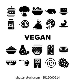 Vegan Menu Restaurant Collection Icons Set Vector. Vegan Hamburger And Pizza, Mushroom And Vegetable Kebab, Salad And Tofu Cheese Glyph Pictograms Black Illustrations