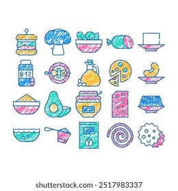 vegan menu restaurant doodle icons set vector. sketch line art vegan hamburger and pizza, mushroom and vegetable kebab, salad and tofu cheese color illustrations