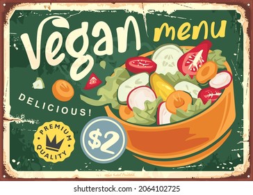 Vegan menu retro advertisement design with salad bowl full of healthy vegetables. Vintage vitamin food sign idea. Vector illustration.