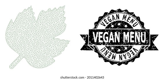 Vegan Menu scratched seal print and vector grape leaf mesh model. Black seal has Vegan Menu text inside ribbon and rosette. Abstract flat mesh grape leaf, built from flat mesh.