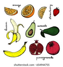 Vegan Menu - set of 10 color hand-drawn objects - banana, pomegranate, orange and avocado
