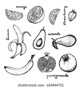 Vegan Menu - set of 10 hand-drawn objects - banana, pomegranate, orange and avocado