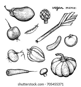Vegan Menu - set of 12 hand-drawn vegetables