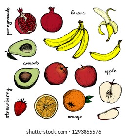 Vegan Menu - set of 14 color hand-drawn objects - apple, strawberry, banana, pomegranate, orange and avocado