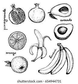 Vegan Menu - set of 8 hand-drawn objects - banana, pomegranate, orange and avocado