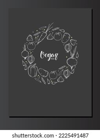 Plantilla de menú vegano. Grabado caligráfico en marco de dibujo de verduras. Cartel de impresión de comida orgánica con marco decorativo redondo. Esbozo vectorial para menú de bistró, mercado de granjeros, tienda de alimentos orgánicos