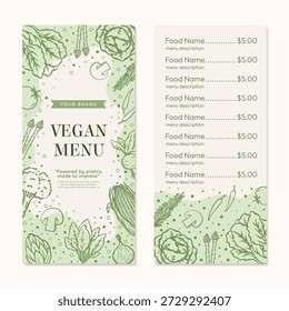 Vegan menu template with hand-drawn vegetables with front and back layout in green theme. Vector illustration vegan menu for restaurant, cafe, or food business related.