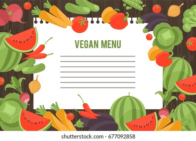 vegan menu vector background. Recipe page and compositions with vegetables and paper 