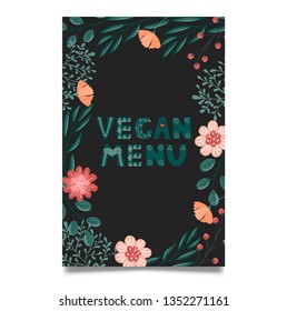 Vegan menu vector floral design template with hand drawn lettering