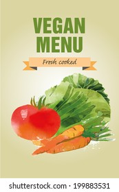 Vegan Menu. Vector watercolor vegetables background.