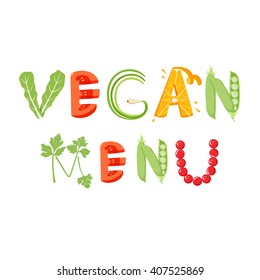 Vegan menu vegetables letter. Healthy food vector