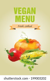 Vegan menu. Watercolor vegetables vector background with paprika, pumpkin, corn and peas