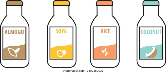 Vegan milk in bottle isolated on white background. Vector illustration of plant-based drink in flat cartoon style. Organic dairy-free rice, coconut, almond and soy milk.