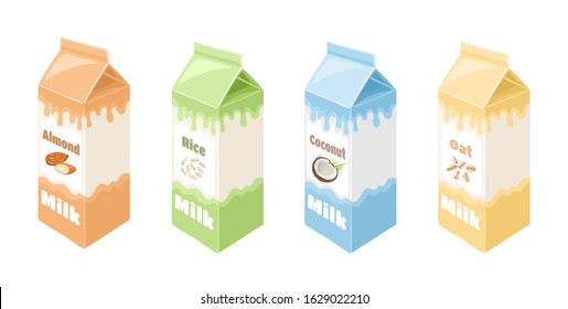 Vegan milk in carton box isolated on white background set. Vector illustration of plant-based drink in cartoon flat style. Organic Dairy Free rice, coconut, almond and oat milk.