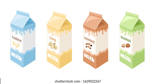 Vegan milk in carton box isolated on white background set. Vector illustration of plant-based drink in cartoon flat style. Organic Dairy Free cashew, hazelnut, soy and buckwheat milk.