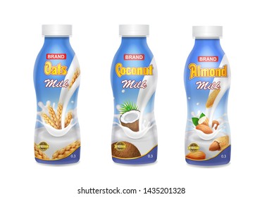 Vegan milk. Coconut, almond and oat milk in bottles Realistic vector.